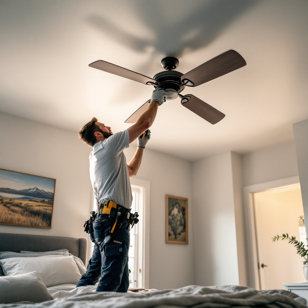electrician installing a ceiling fan in a bedroom